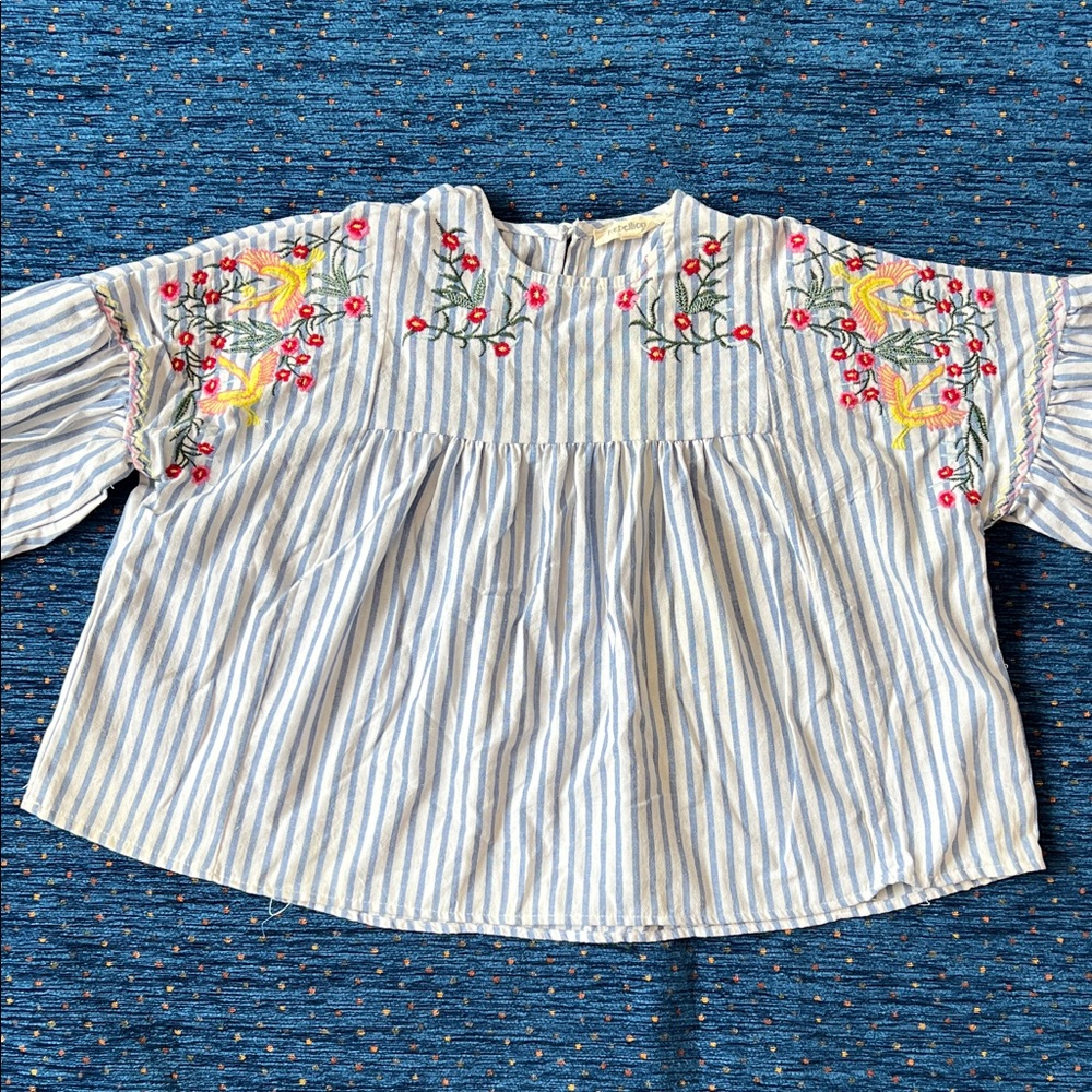Blue and White Striped Embroidered Peasant Top - Picture 2 of 12